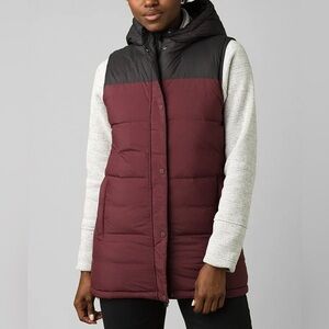 Prana Women's Black and Burgundy Hooded Puffer Vest